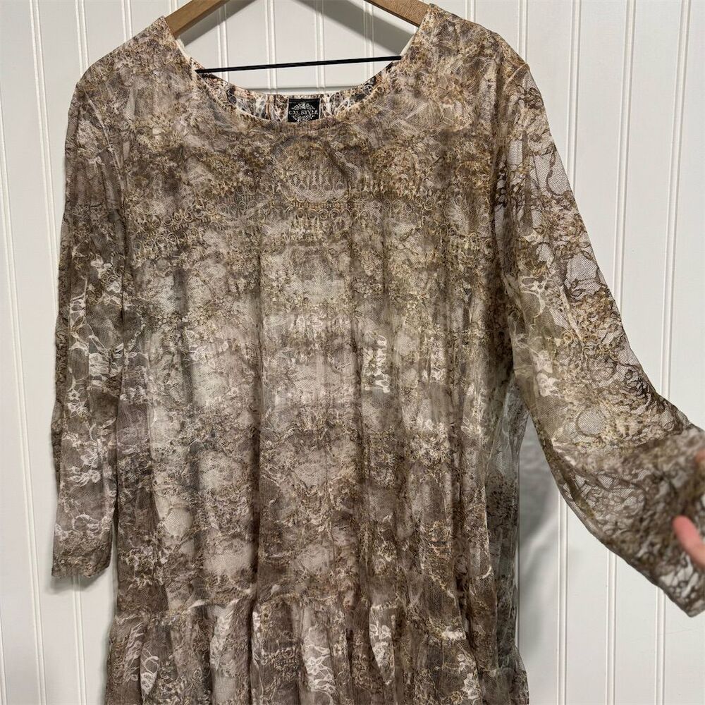 Cal Style Plus Tunic 2XL Brown Sheer Crinkle Lace Overlay‎ Ruffle Hem Whimsigoth - Picture 3 of 7